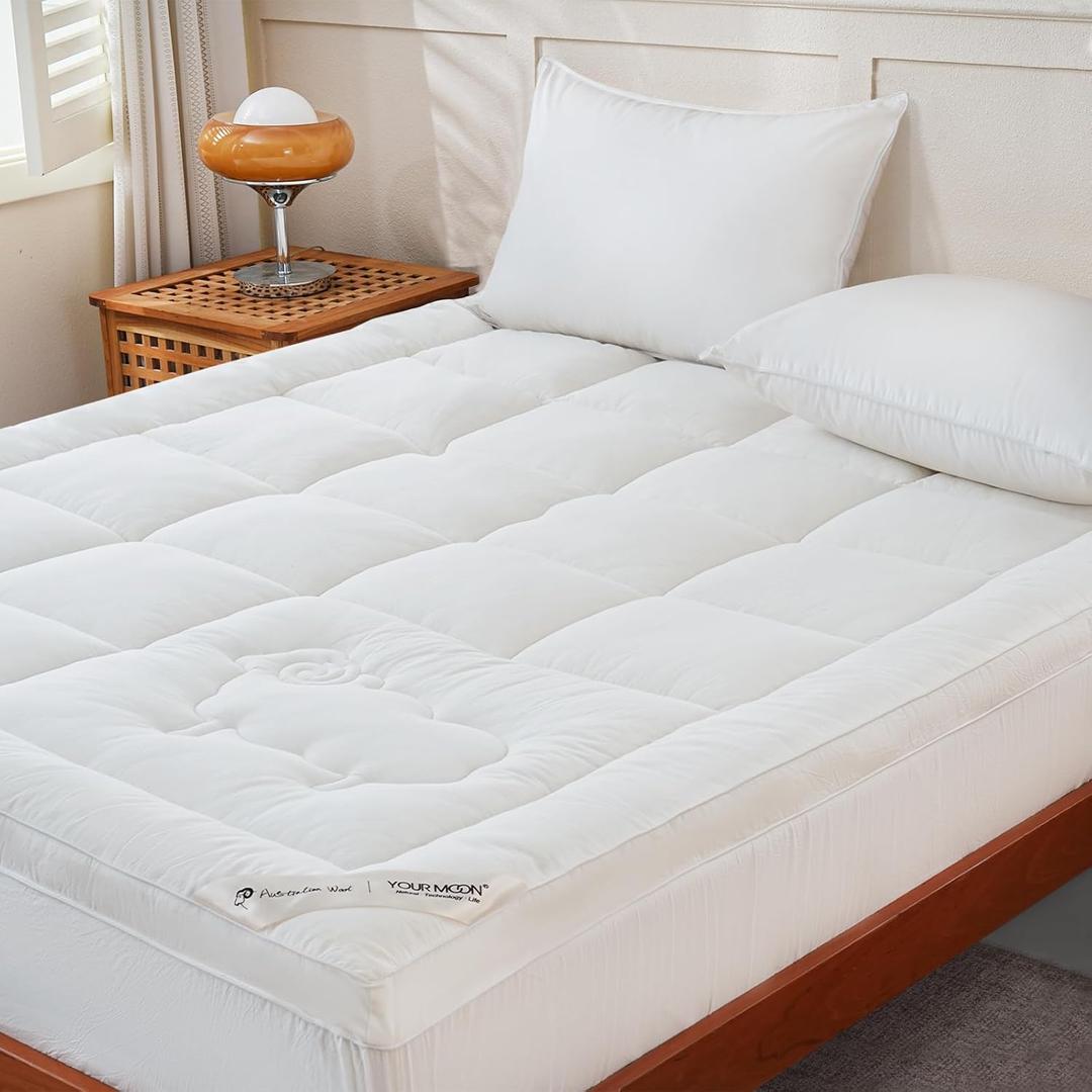 YOUR MOON 100% Organic Wool Mattress Topper Twin Size  2 Inch Thick Pillow Top Mattress Pad, 700GSM Natural Wool Filling, Back Pain Relief Bed Topper with Cotton Cover-16'' Depth, 39"x75" (White)