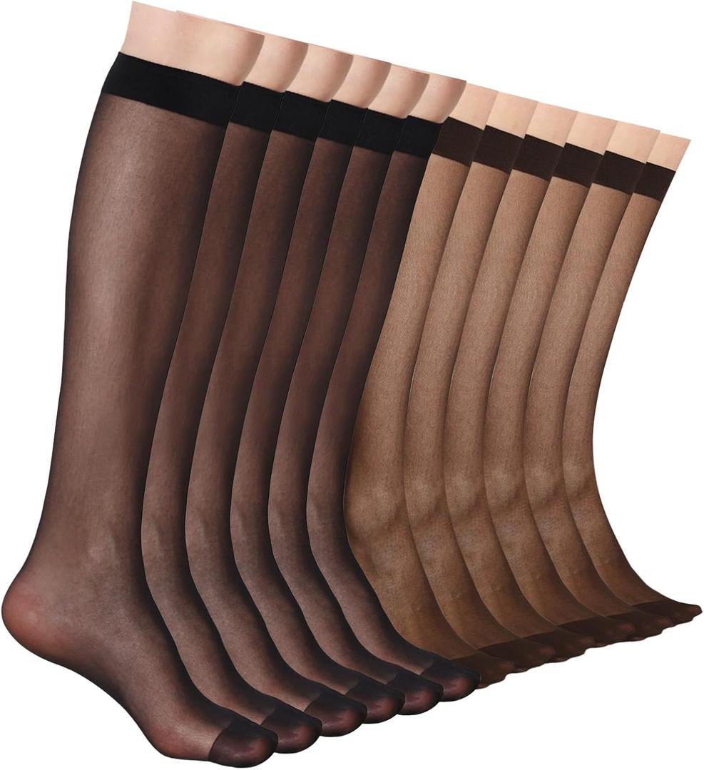 12 Pairs Knee High Stockings for Women, 20 Denier Sheer Nylon Socks for Women (Black)