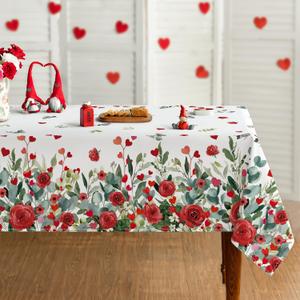 Horaldaily Valentine Tablecloth 52×70 Inch Rectangular, Rose Flower Butterfly Red Hearts Plants Washable Table Cover for Party Picnic Dinner Decor