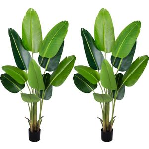 Artificial Bird of Paradise Plant 5.2Ft Fake Tropical Palm Tree with 10Trunks Faux Banana Leaf Trees in Pot for Home Indoor Outdoor Office Modern Decor Housewarming Gift2Pcs (2pack)
