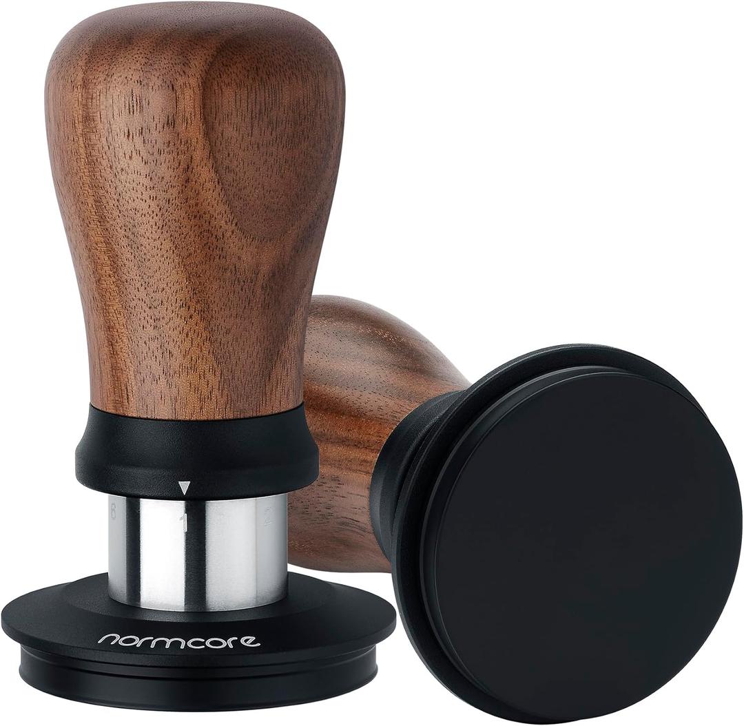 Normcore 53.3mm Coffee Tamper V5, Spring-loaded Espresso Tamper with 6 Adjustable Pressure Settings, Tri-Spring Technology, Titanium-Coated Flat Base, Walnut Handle and Silcone Stand, Black