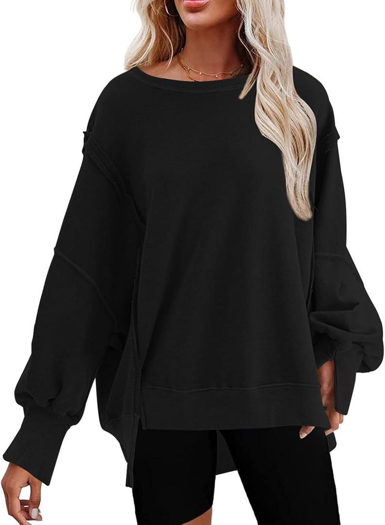 SHEWIN Womens Oversized Reverse Seam Sweatshirt Casual Long Sleeve Pullover Tops Lightweight Loose Crewneck Sweatshirts (Black, S)