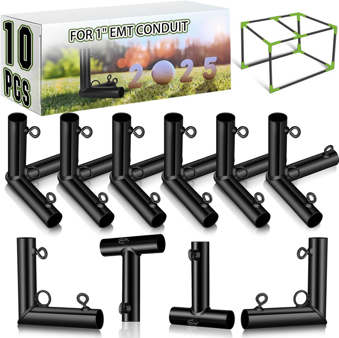 Blulu 10 Pieces 1'' Golf Frame Corner Kit DIY Canopy Fittings Kit with Threaded Eye Bolts for EMT Pipe 10" l x 10" W x 10" H Practice Golf Cage Net Indoor Outdoor Home, Black