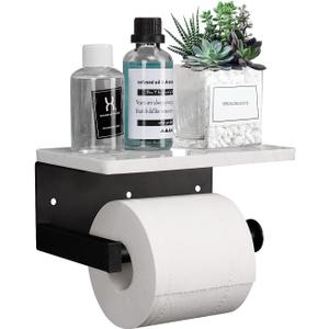 NearMoon Toilet Paper Holder with Shelf, Heavy Duty Bath Toilet Roll Holder with Phone Shelf Tissue Hanger for Bathroom/Kitchen Wall Mounted(Metal & Marble, Matte Black)
