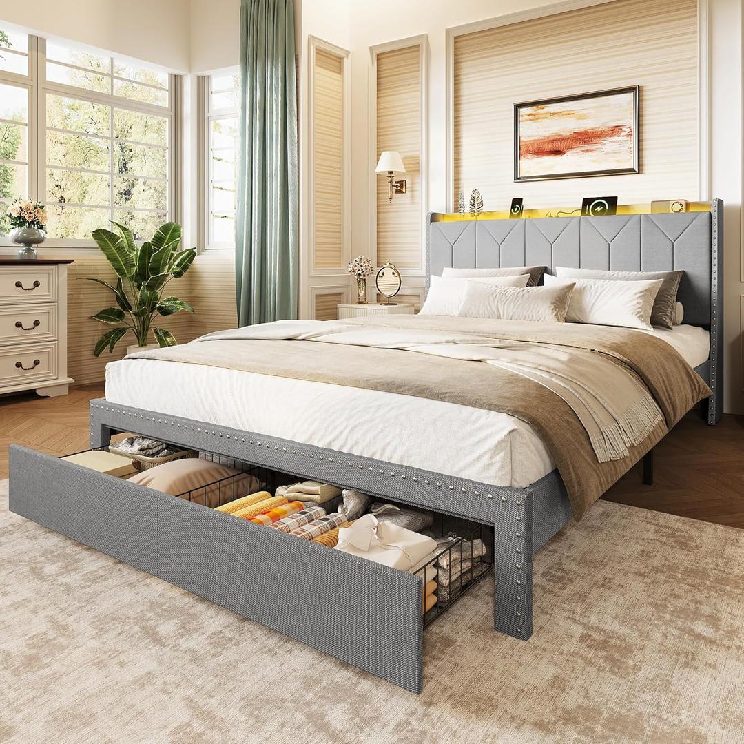 WLIVE Queen Size Upholstered Bed Frame with 2 Drawers, Storage Headboard Platform Bed with Charging Station and LED Light, Sturdy Metal & Wooden Slats Support, No Box Spring Needed, Light Grey