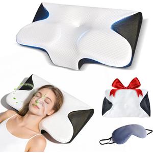 Sleep Apnea Pillow for Sleeping Snoring Ergo Cervical Neck Pillow with Memory Foam Pillow for Snoring Neck Pain Relief with Two Pillowcase (Black)