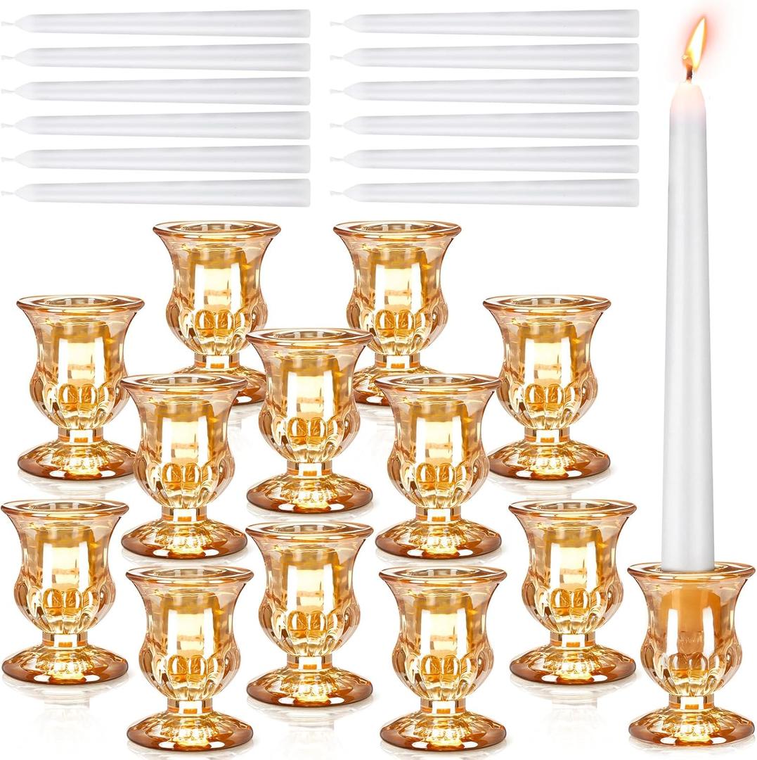 Glass Clear Taper Candle Holders Set Bulk Clear Taper Candlestick Holders White Candles Tall Candlesticks for Wedding Table Centerpiece Birthday Anniversary Party Decor(Amber)