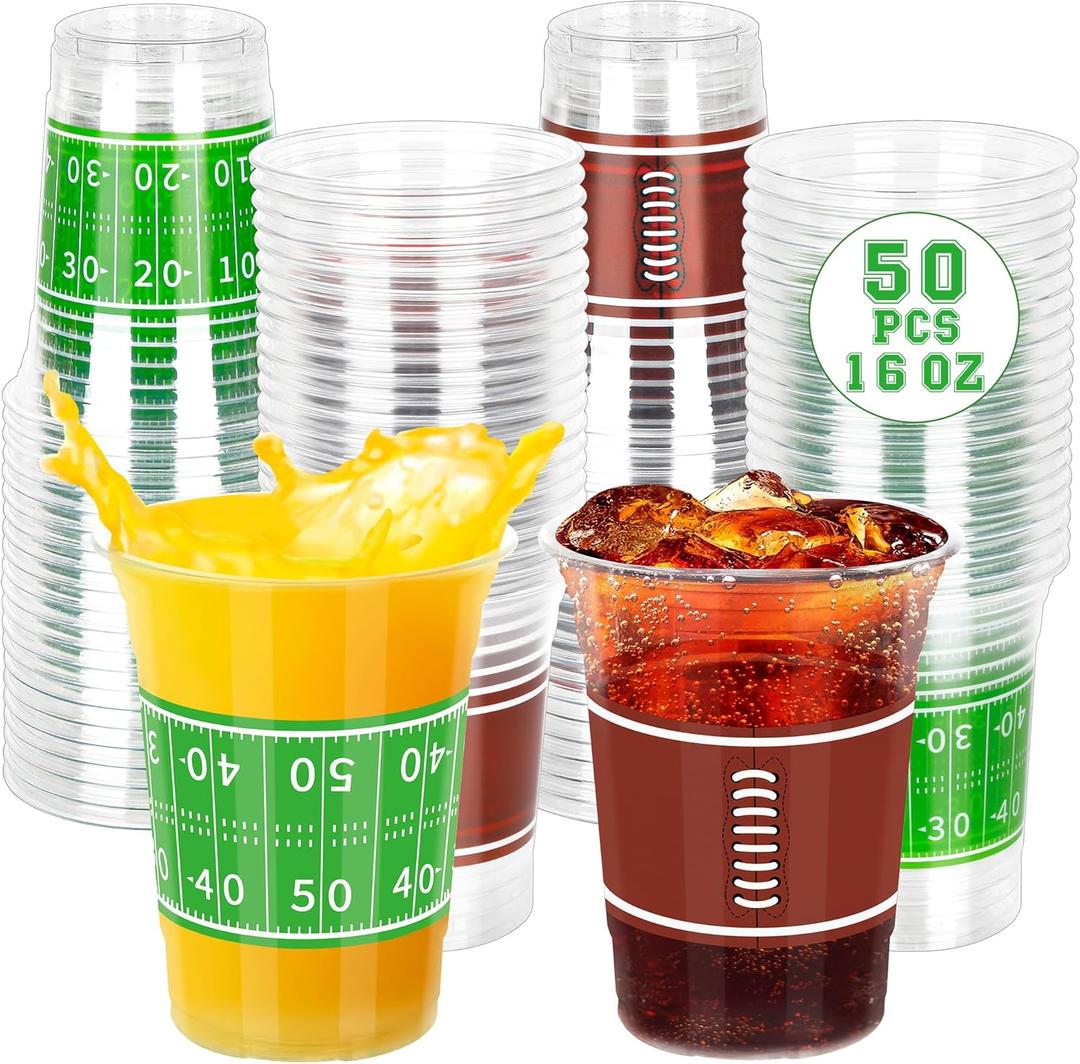 50 PCS Football Cups, 16 OZ Football Party Cups, Thickened Football Plastic Cups, Disposable Clear Drinking Cups in 2 Designs for Football Party Supplies Football Party Decorations Touchdown Favors