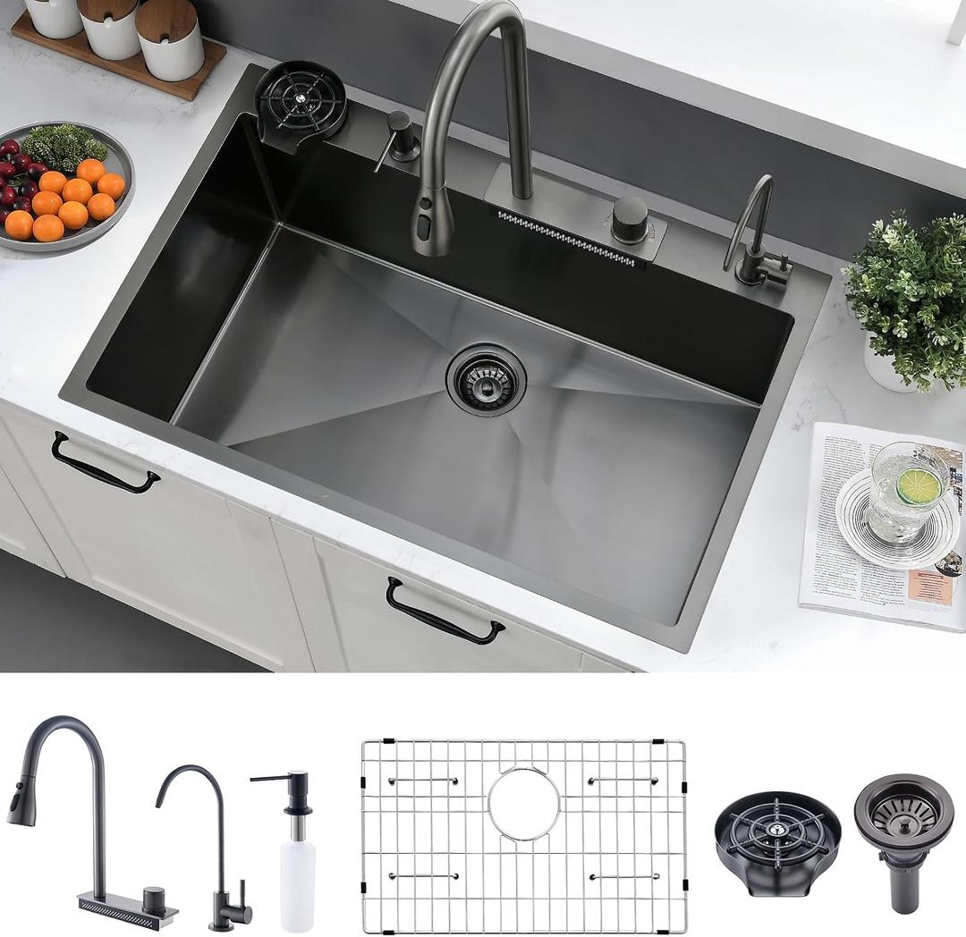30x18 Black Drop In Kitchen Sink with Faucet - 16 Gauge Stainless Steel Waterfall Sink, Top Mount Single Bowl Kitchen Sink Include Drinking Water Faucet Soap Dispenser,Cup Washer, 30"D x 18"W x 10"H
