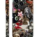 Compatible with iPhone 16 Pro Case - Dual-Layer Protection, Hard Shell with Silicone Interior,Slim Scratch Resistant Shockproof for Woman Men - Leopard Print Retro Collage