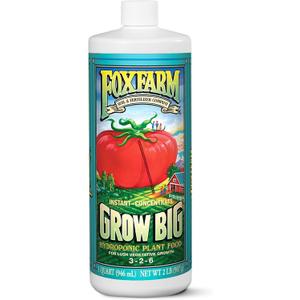 FoxFarm Grow Big Hydro Liquid Fertilizer, Plant Food with Micro Nutrients for Hydroponic Systems - Enhances Vegetative Growth, Flowering, and Fruiting - pH Adjustable, NPK 3-2-6 (Quart)