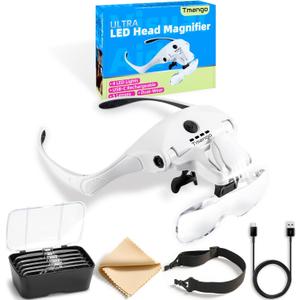 Rechargeable Head Magnifier with 4 LED Lights and 5 Lenses  Hands-Free Magnifying Headset for Close Work, Jewelry, Crafts, Eyelash Extensions, Magnifying Glasses Alternative