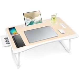 Amaredom Laptop Bed Desk Tray Bed Table, Foldable Portable Lap Desk Notebook Stand Reading Holder with Storage Drawer and Cup Holder for Eating Breakfast on Bed/Couch/Sofa-White Oak