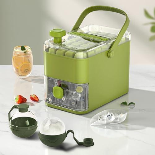 Compact Double Layer Ice Cube Tray with Lid and Bin, One-Click Demolding, Pull-Out Ice Drawer with Portable Handle, Includes 2 Large Ice Ball Molds (Green)