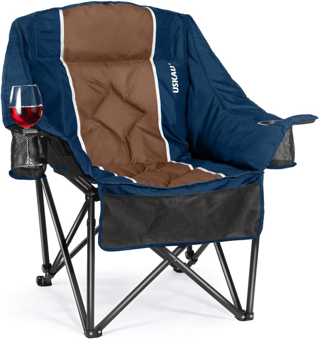 Oversized Camping Chair for Adults - Heavy Duty 400 lbs Padded Folding Chair with Wine Glass Holder, 2 Cup Holders & Side Pockets, Portable Carry Bag for RV, Tailgating, Lawn