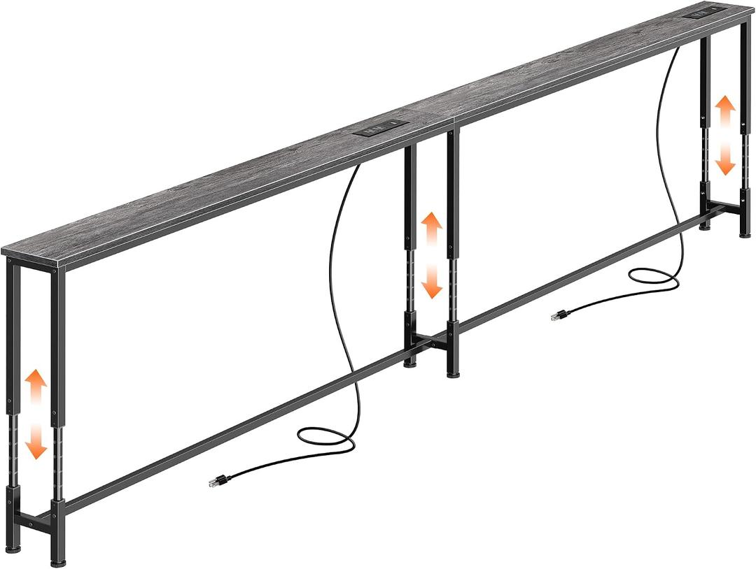Huuger 102.4 Inch Sofa Table with Power Outlets, 23.9-34.4 Height Adjustable Range, Behind Couch Table with USB-C Ports, Sofa Tables Narrow Long, Skinny Console Table, for Small Spaces, Grey