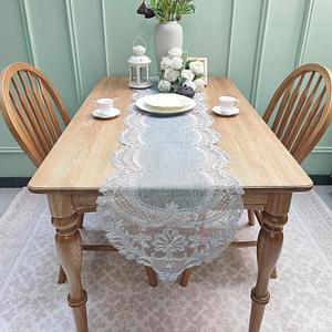 Elegant Vintage Lace Table Runner 36 inches(90cm) Long Grey Silver with Exquisite Macrame and Embroidered Floral Pattern Perfect as a Dresser Scarf (14X36'')