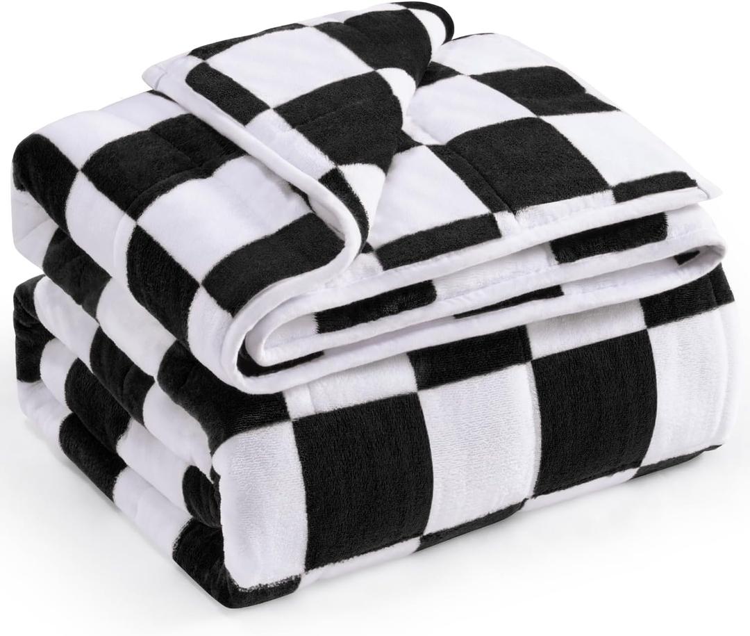 Flannel Fleece Weighted Blanket for Adult Queen Size 15 lbs, Dual Sided Luxurious Checkerboard Grid Heavy Blankets, Ultra Soft Throw Blanket, Plaid Grey, 48x +72inches