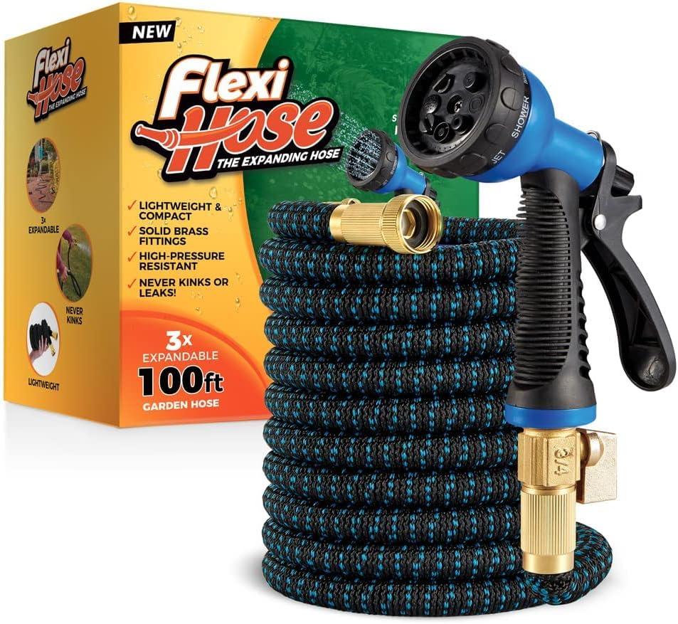 Flexi Hose Expandable Garden Hose with 8 Function Nozzle, 100FT - Lightweight Retractable Garden Hose, Water Hose - No-Kink Flexibility, 3/4 Inch Solid Brass Fittings and Double Latex Core, Blue