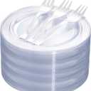 DaYammi 240Pcs Silver Dessert Plates Set Includes 120 Disposable Cake Plates 6.5" 120 Plastic Forks 5.7", Clear Silver Plastic plates, Fancy Appetizer plates for Party and Wedding Birthday