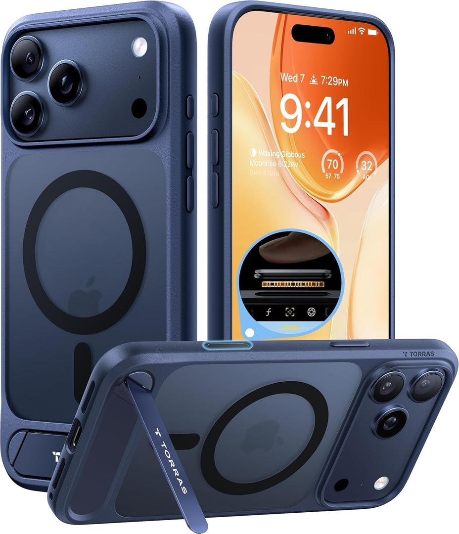 TORRAS for iPhone 17 Pro Case with Strong Magnetic & Stand, Fit for MagSafe, Mil-Grade Protection, Built-in Kickstand, Camera Control, Translucent Shockproof Slim 17 Pro Cover Ostand, Deep Blue