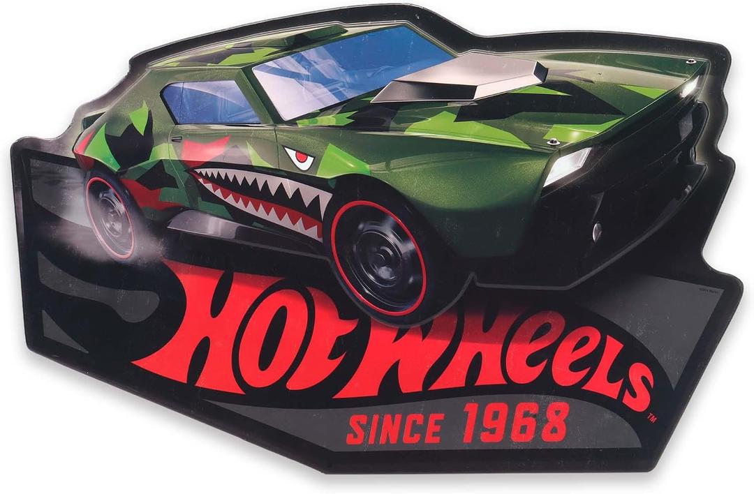 Mattel Hot Wheels Green Shark Car Embossed Metal Sign - Large Hot Wheels Wall Decor for Kids' Bedroom or Man Cave