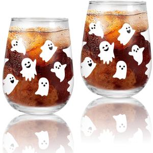 Whaline 2Pcs Halloween Stemless Wine Glasses 17oz White Ghost Drinking Glasses Clear Cute Boo Tumbler Cups for Halloween Party Supplies