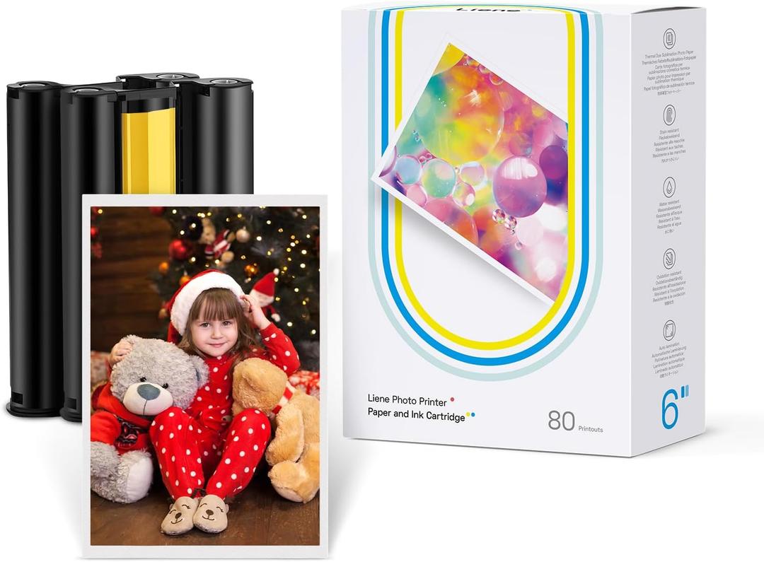 Liene Amber M100/M200/M110/M210 4x6" Photo Printer 80 Sheets Photo Paper & 2 Ink Cartridges Refill, Dye Sublimation, Only for Liene DHP512/DHP513/DHP514/DHP515 Printer, for Display, Framing, Scrapbook