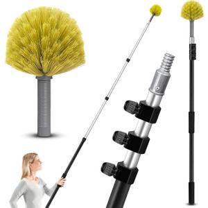 ARTIPOLY 4-12ft Cobweb Duster with Extension Pole, 20 Foot High Reach Feather Dusters with Bristles for Cleaning Outdoor Indoor, 4-Stage Spider Web Remover with Telescopic Pole for Ceiling Wall Yellow