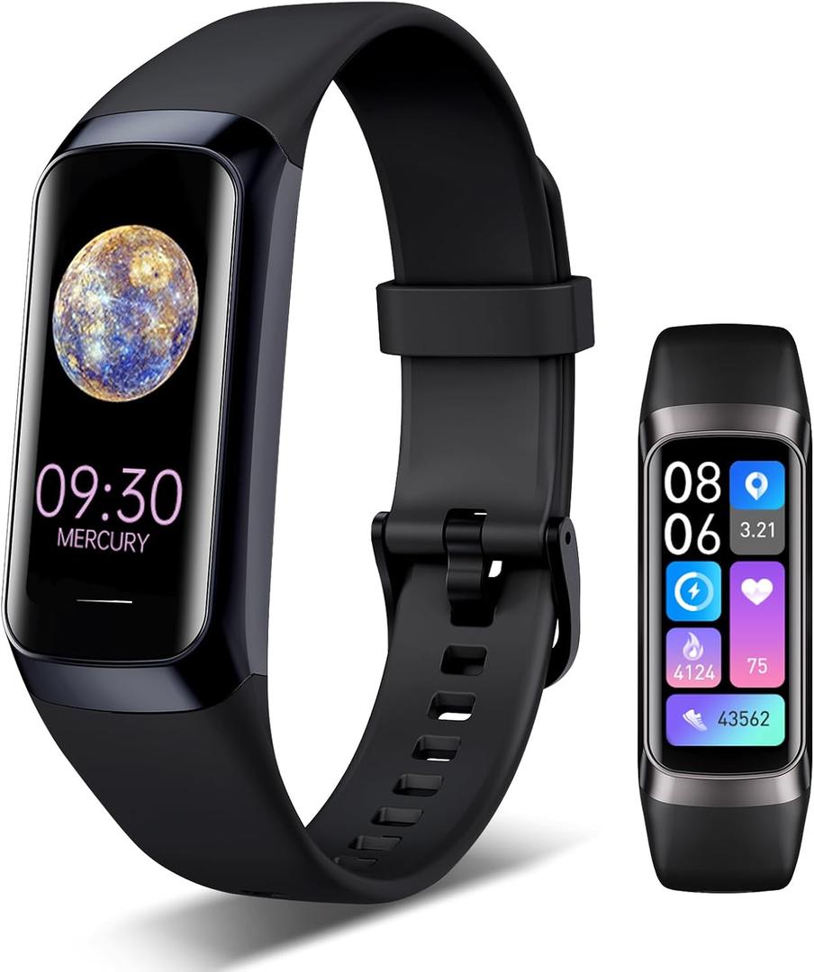 Fitness Tracker, 24/7 Heart Rate Blood Oxygen Blood Pressure Body Temp Monitor Sleep Calorie Tracker with 1.1" AMOLED Touch Color Screen Pedometer Smart Watch Waterproof for Women Men
