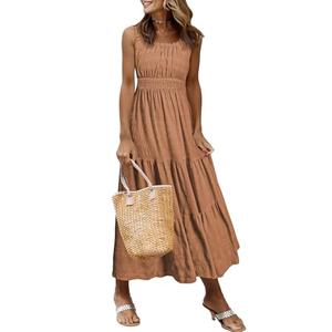 AlvaQ Dress for Women 2025 Summer Casual Loose Crewneck Solid Color Long Dresses Aline Sundress Fashion 2025 Light Brown Large