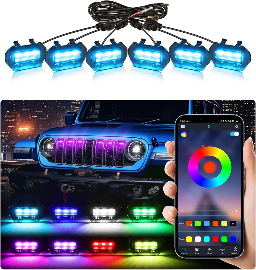 Grill Lights for Jeep Wrangler JL JLU Front Bumper Grille LED Running Marker Lamp Accessories (RGB, 2024-2026)
