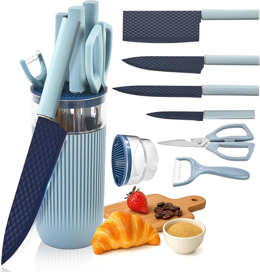 Knife Set, 7-Piece Kitchen Knife Set with Sharp Chef and Meat Knives, Anti-Rust Utility Knives Set for Kitchen, Kitchen Knife Block Set, Blue