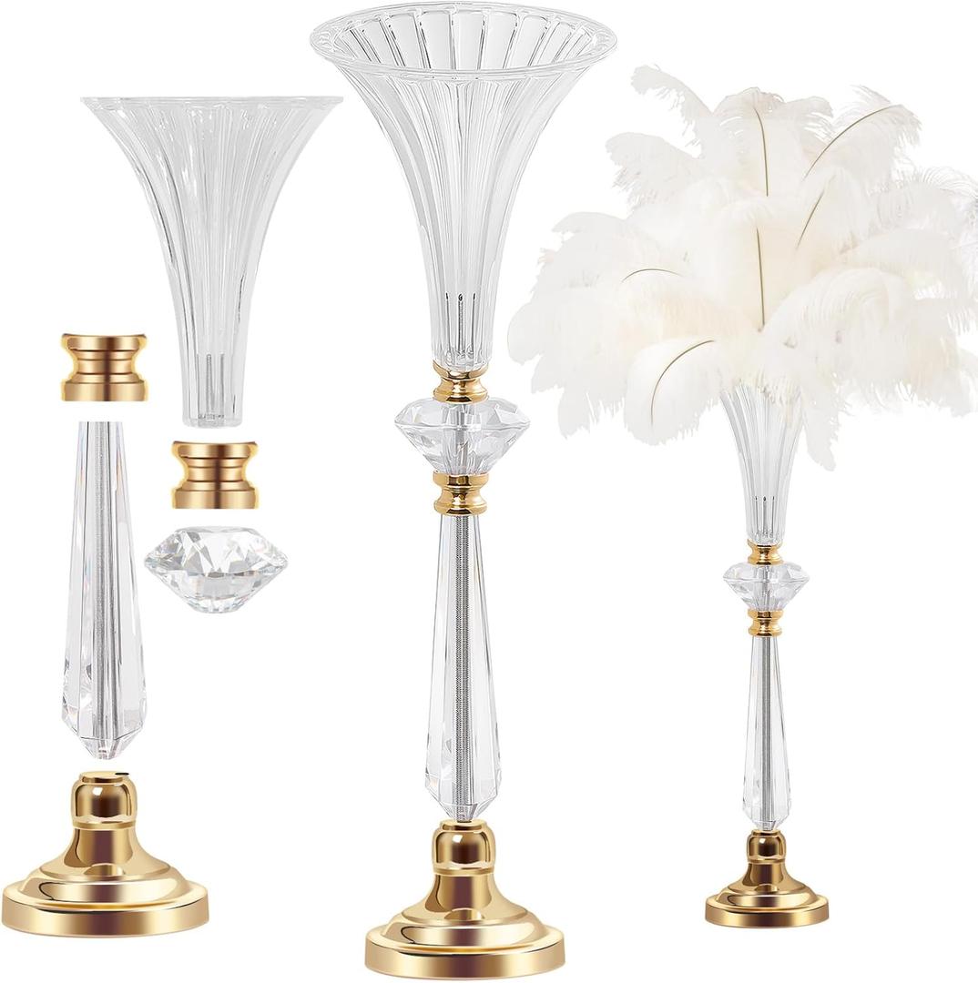VIJIV Crystal Acrylic Trumpet Vase for Wedding Centerpieces & Home Decor - 21.7" Clear Flower Stand with Ribbed Texture, Gold Accents, Table/Floor Vase for Events, Bridal Showers & Boho Weddings