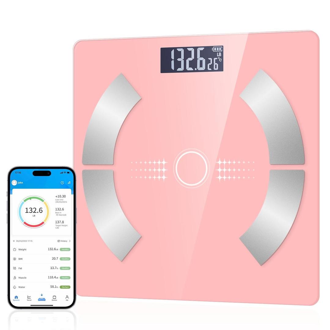 Smart Body Fat Scale - Accurate Digital Bathroom Scale with Bluetooth, 16 Essential Measurements Including Muscle Mass, Bone Mass, Body Water, BMI, and Visceral FatPink