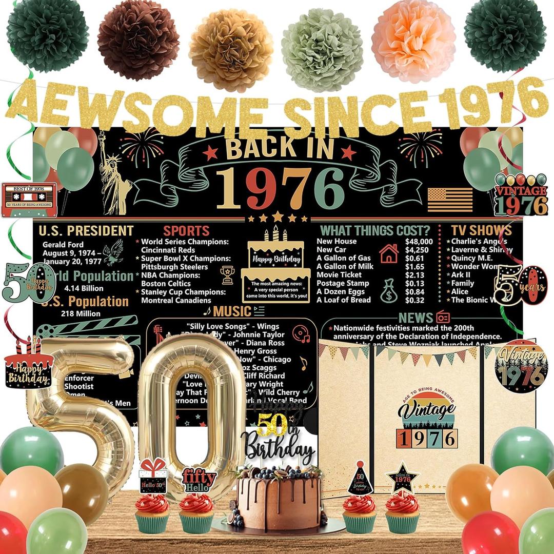 Trgowaul Colorful Back in 1976 Birthday Decorations for Men Women, 50th Bday Party Supplies, 50th Birthday Signature Guest Book, Vintage Back in 1976 Backdrop Banner, Cheers to 50 Years Old Decor
