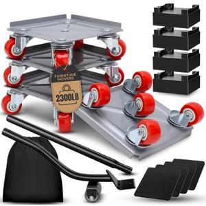 Furniture Moving Dolly Set Heavy Duty 2300 lb Capacity, 5-Wheel System with Lifter Tool, 360 Swivel Casters, Floor-Safe Design, Includes Gloves & Bag Move Heavy Items Easily