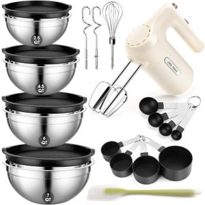 Lord Eagle 5-Speed Hand Mixer Electric Heldhand With Bowls Set, 300W Compact Mixer for Baking, Stainless Steel Mxing Bowl Measuring Cups Spoons (Universal)  (with bowl set)