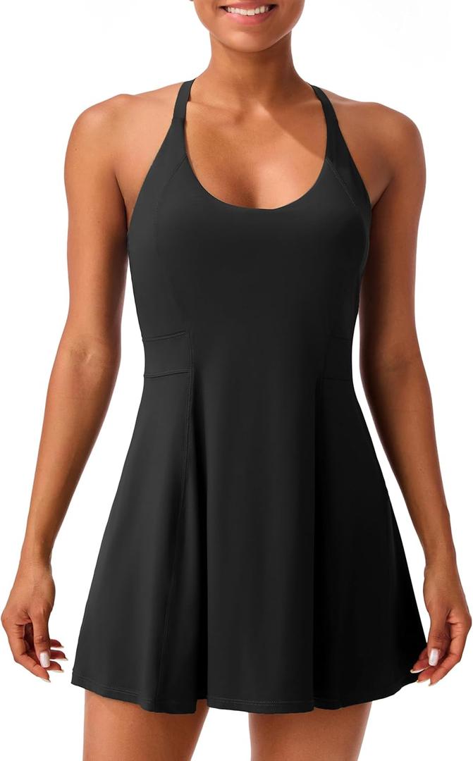 Womens Tennis Dress with Adjustable Straps Built-in Bra Workout Athletic Golf Summer Dress Non-Removable Shorts (Black, S)