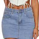 KDF Women's Denim Skirt with Shorts Trendy Denim Skort Jean Skirt with Raw Hem & Pocket (Blue)