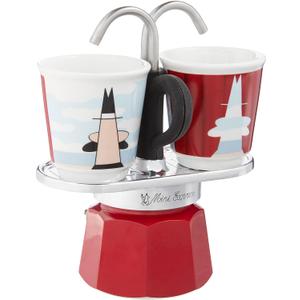 Bialetti - Mini Express Magritte: Moka Set includes Coffee Maker 2-Cup (2.8 Oz) + 2 shot glasses, Red, Aluminium