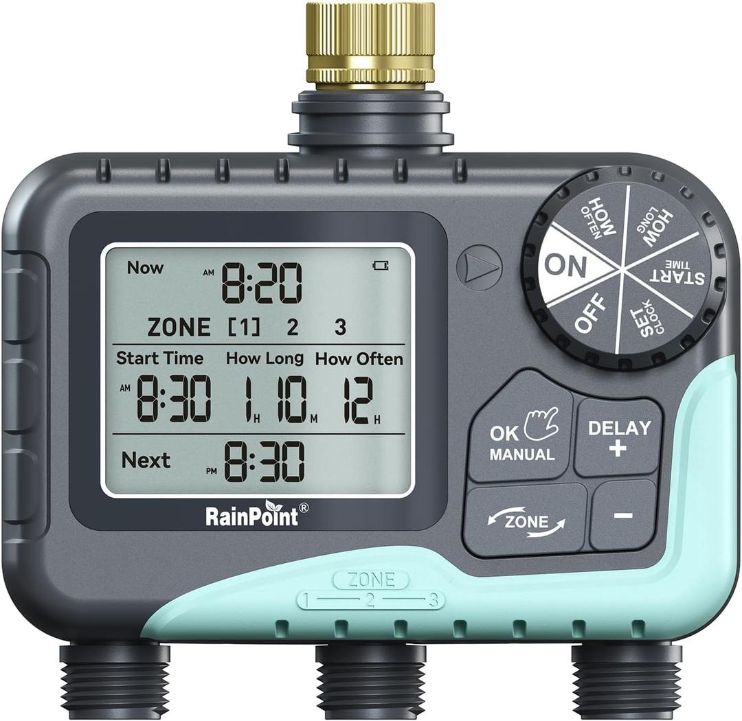 RAINPOINT Water Timer 3 Outlets with Brass Inlet, Automatic prinkler Timer with Rain Delay/Manual Watering/large LCD display, Garden Smart Irrigation Time for Yard, Lawn
