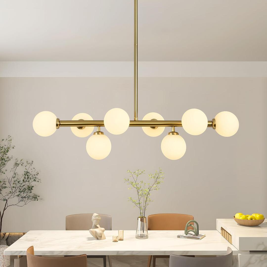 Glass Globe Sputnik Chandelier, 8-Light Mid Century Modern Chandeliers, Dining Room Chandelier Over Table with Milk White Glass, 33" Linear Chandeliers for Dining Room, Kitchen Island-Gold