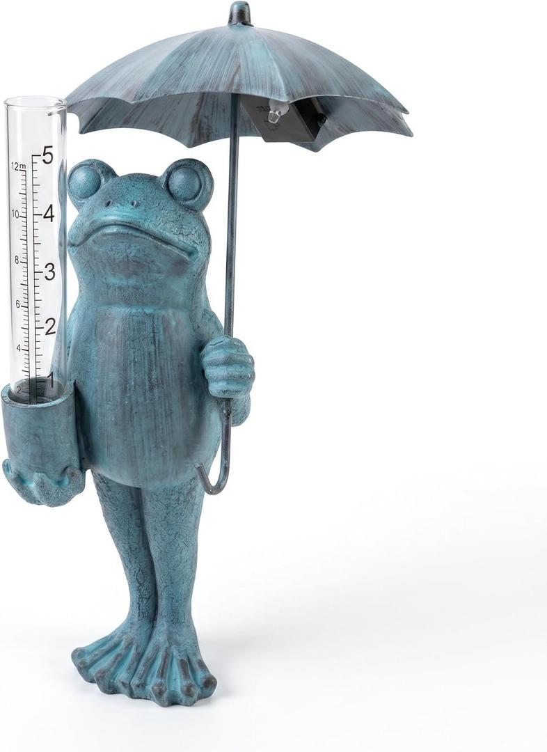 Topadorn Frog Rain Gauge, 21.5" Solar LED Outdoor Garden Stake with Umbrella, 5" Capacity Easy-to-Read Rainfall Meter, Blue Resin Decor