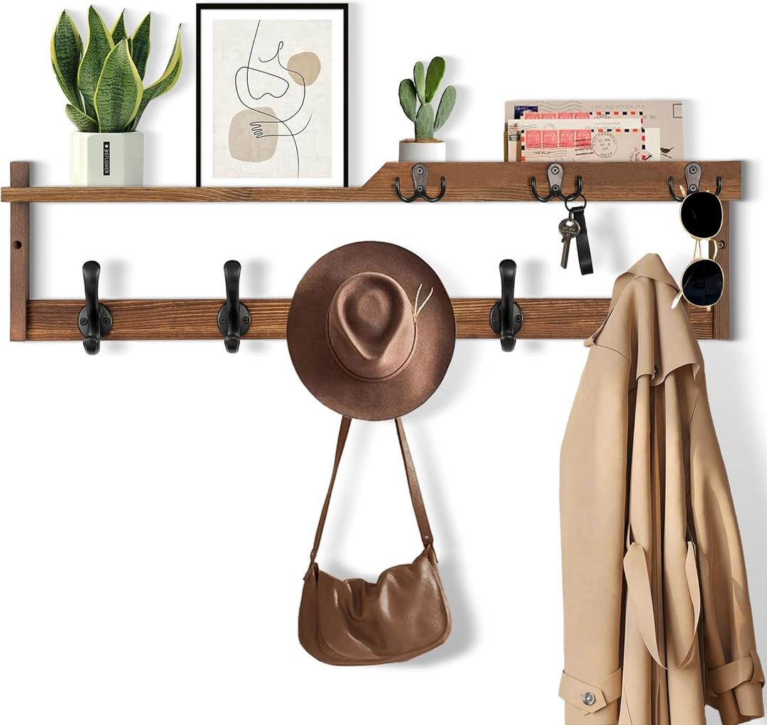 29'' Coat Rack Wall Mount with Shelf, Coat Hanger Wall Mount with Key Hooks and Mail Holder, Wood Entryway Floating Shelf with Hooks and Storage, Hat Rack for Wall Key Holder Mail Organizer (29 Inch Long, Brown)