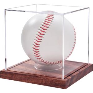 Baseball Display Case, No Assembly Required Clear Cube Tennis Ball Holder with Solid Wooden Base, Autograph Baseball Stand Box for Single Ball (1 Pack)