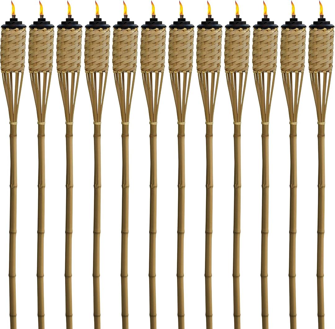 TIKI Bamboo Tiki Torches 12-Pack Weather-Resistant Outdoor Dcor with Easy-Pour Wide-Mouth Canister Refill for Patio, Garden, Backyard, and Parties, 57-Inch Citronella Torches