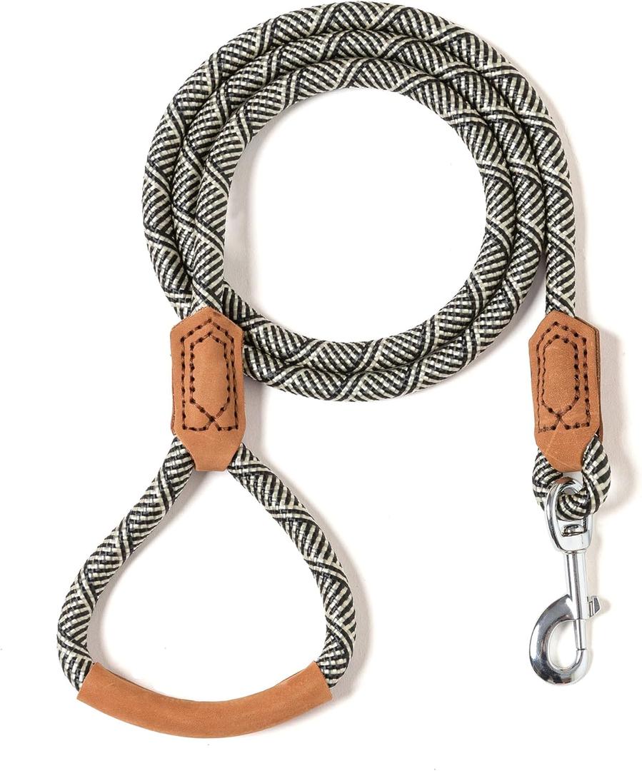 Mile High Life | Premium Leather Handle Dog Leash | Strong Rope Leash | Zinc Alloy Strong Clasp | Small Medium Large Dogs | 4/5/6 Feet(White, 60 Inch (Pack of 1))