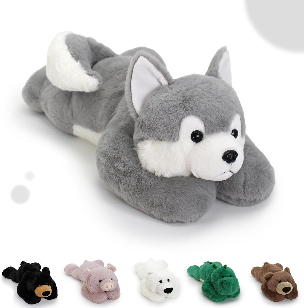 2 Lb Weighted Stuffed Grey Dog Animals - 16 Inches Bear Dog Dino Pig Plush Throw Pillow Toy - Embroidered Plushie Collectible - Kawaii Plushies Hugging Toy Gifts for Kids & Adults (Grey Dog) (2 Lb Grey Dog)