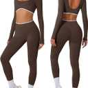 Workout sets for women Long Sleeve Adjustable halter strap Crop Top and Anti-squat Pants for gym,Yoga,Pilates (Small, Brown)